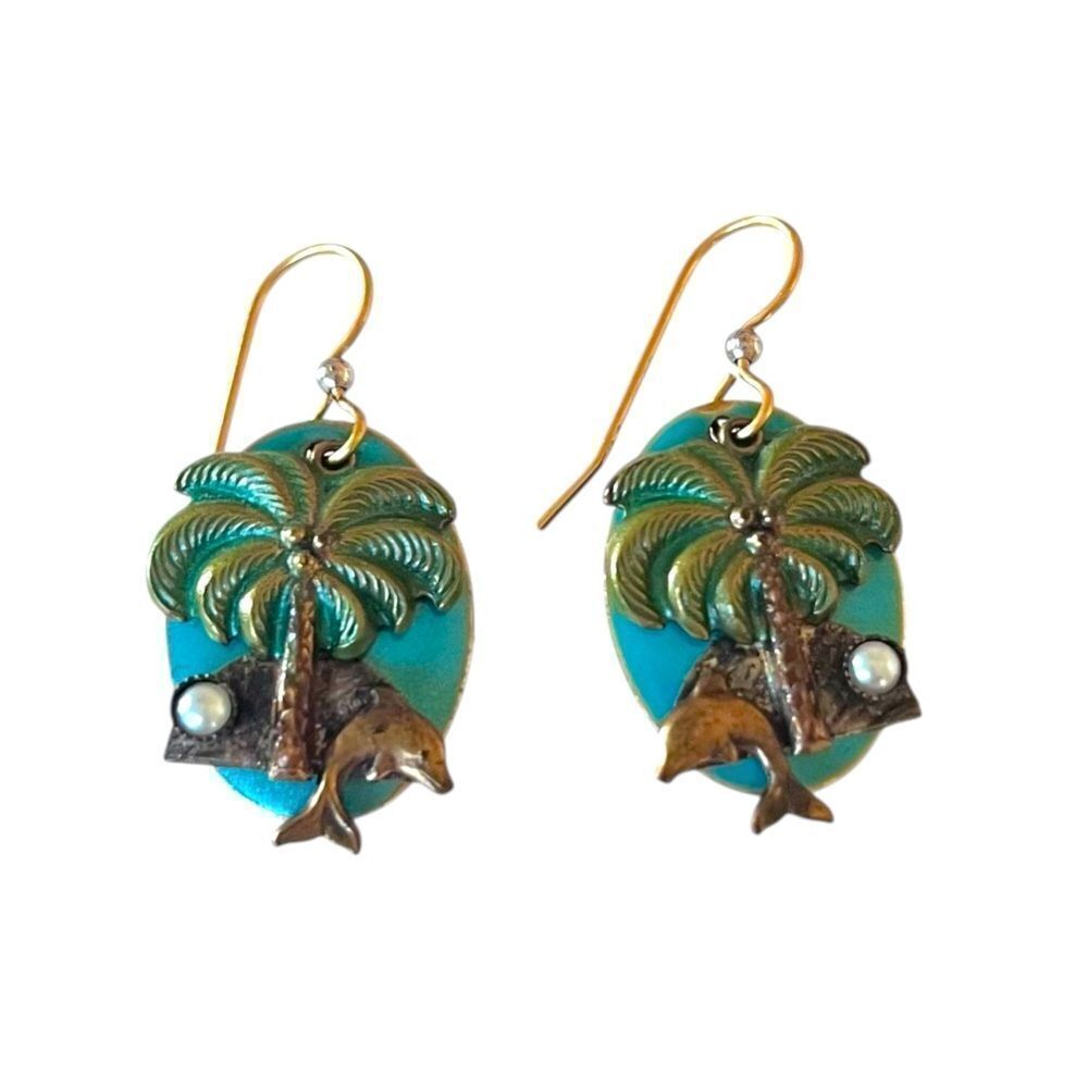 Bronzed Turquoise Metal Dolphin Palm Tree Earrings